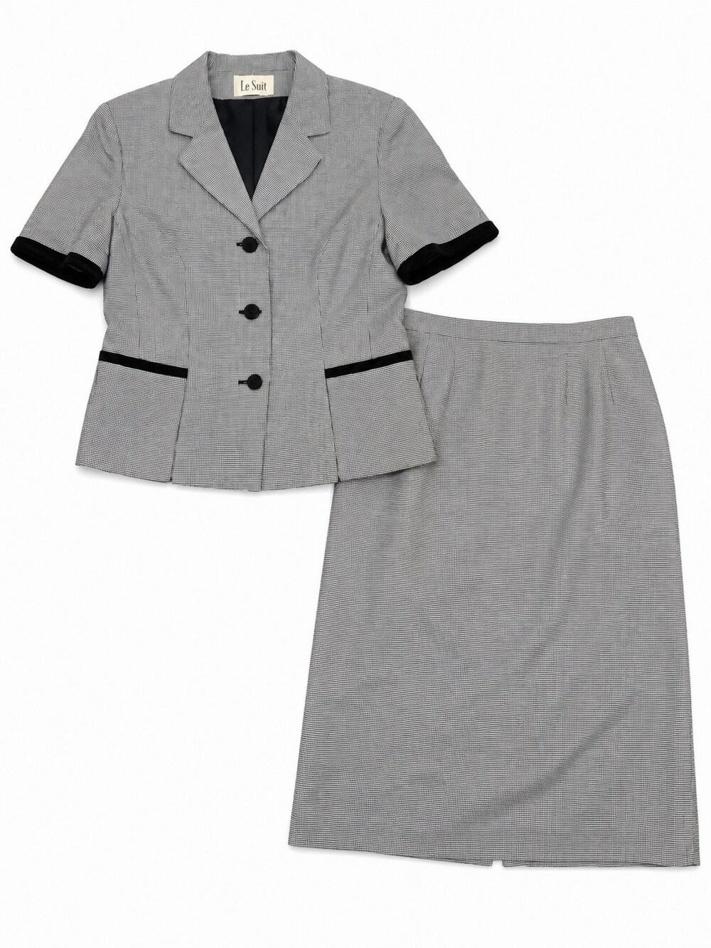 Le Suit Women’s Size Large Black White Skirt Suit Short Sleeve Blazer 2 Piece